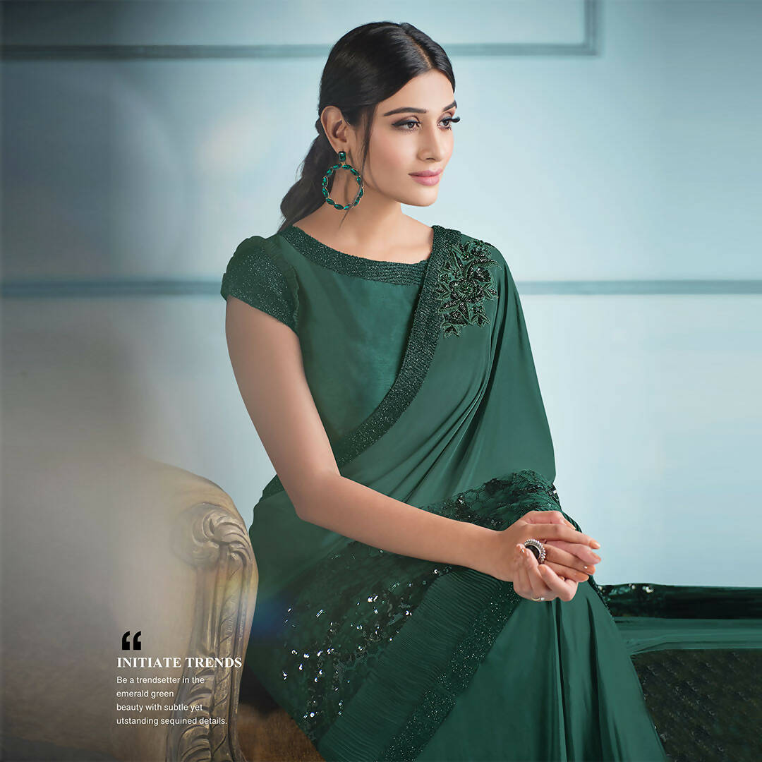 Green Lycra sequence Saree with Unstitched Blouse Piece - Norita Elaura