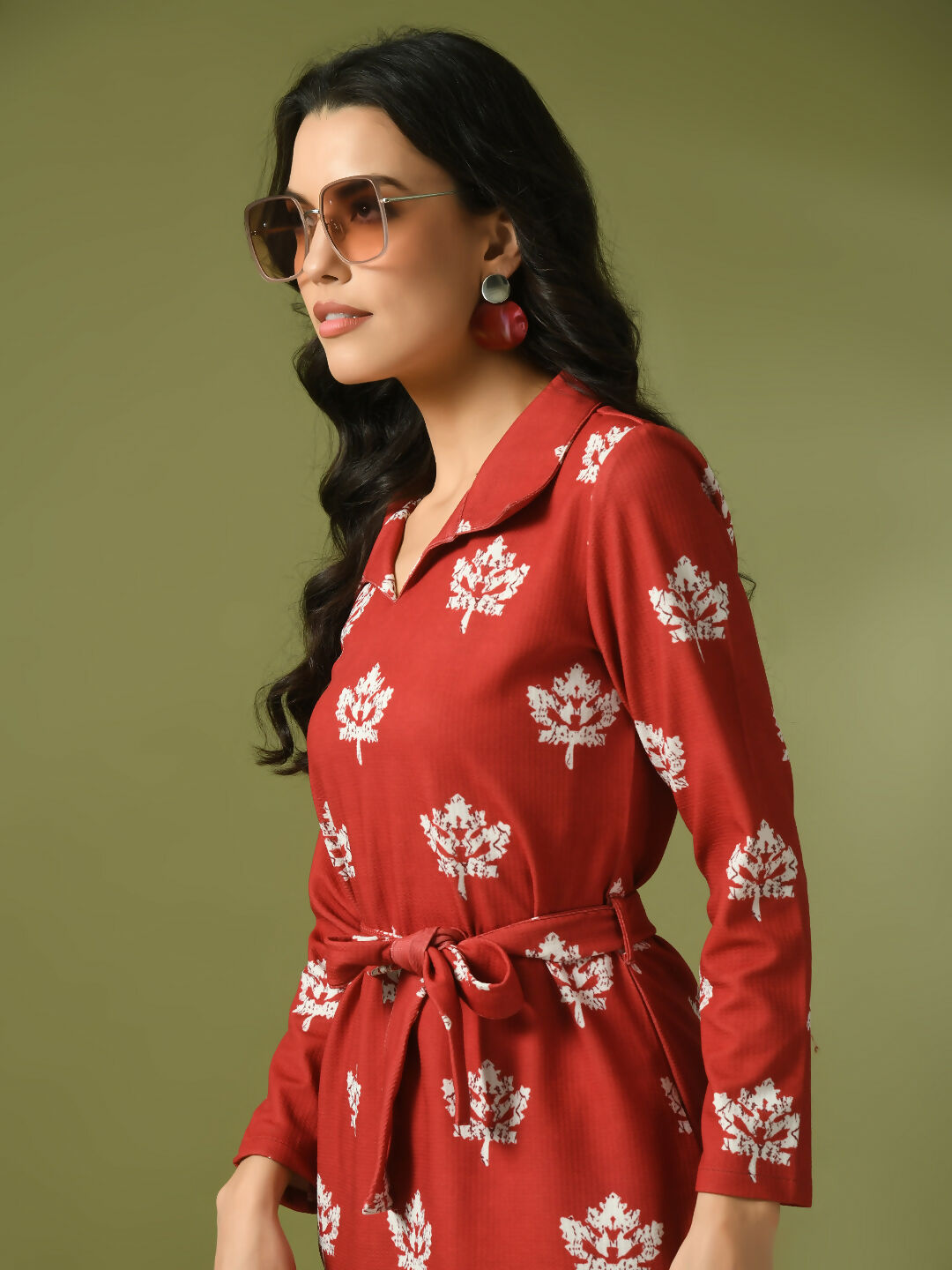 Myshka Women's Rust Printed Polo Collar Party Top With Trousers Co-ord set 