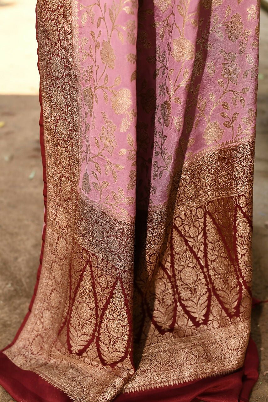 Joban Fashion Nude Pink Crepe Chiffon Pure Handloom Banarasi Silk Grab2Buy 