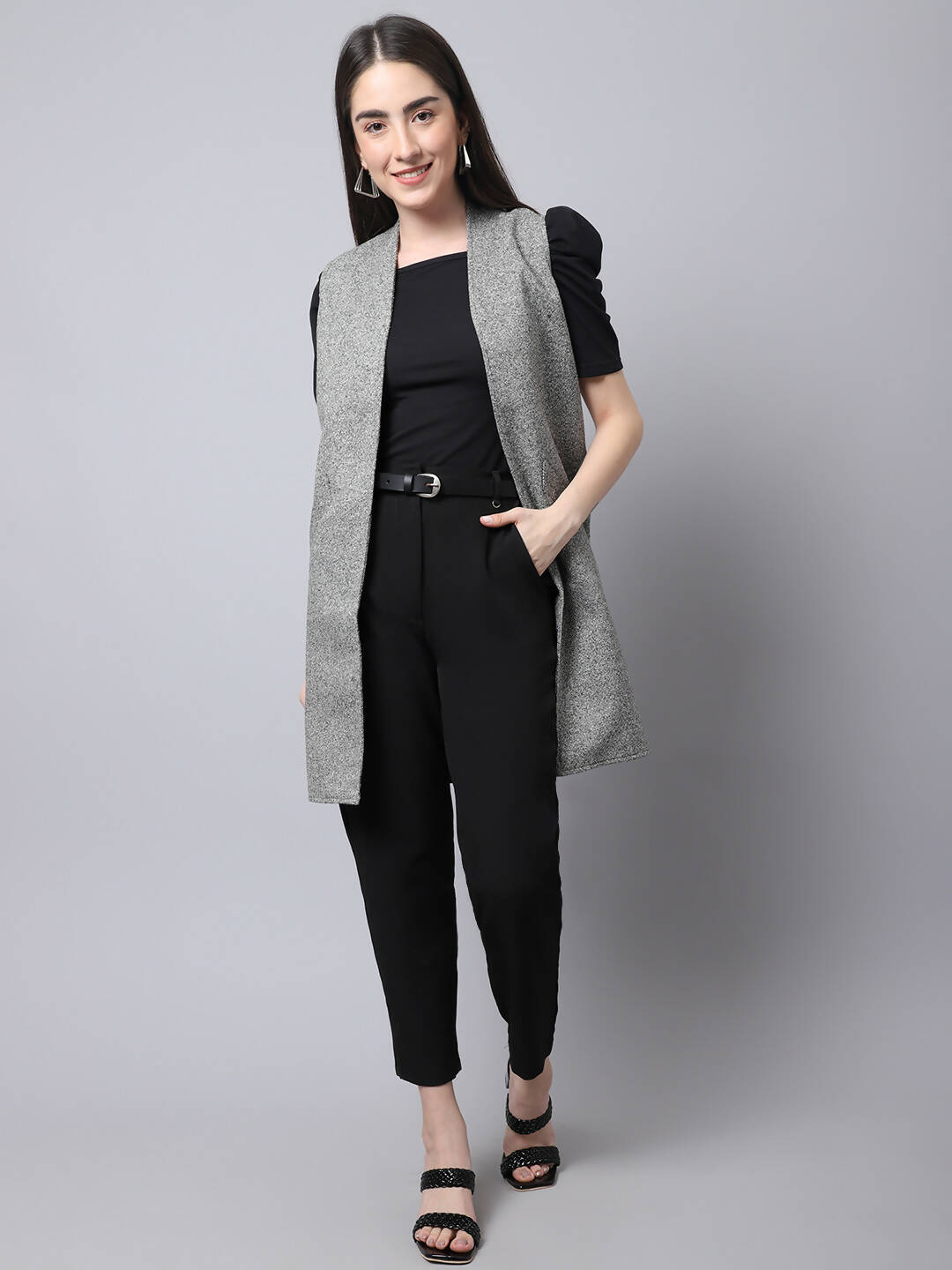 Even Apparels Grey Pure Wool Open Front Woolen Women's Long Coat | Grab2Buy