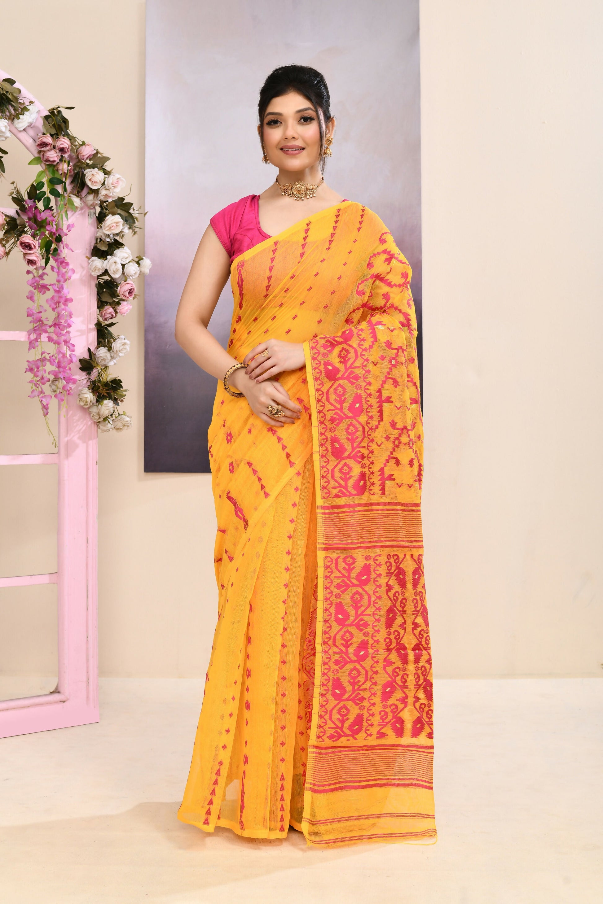Piyari Fashion Women's Yellow Embellished Cotton Blend Jamdani Saree