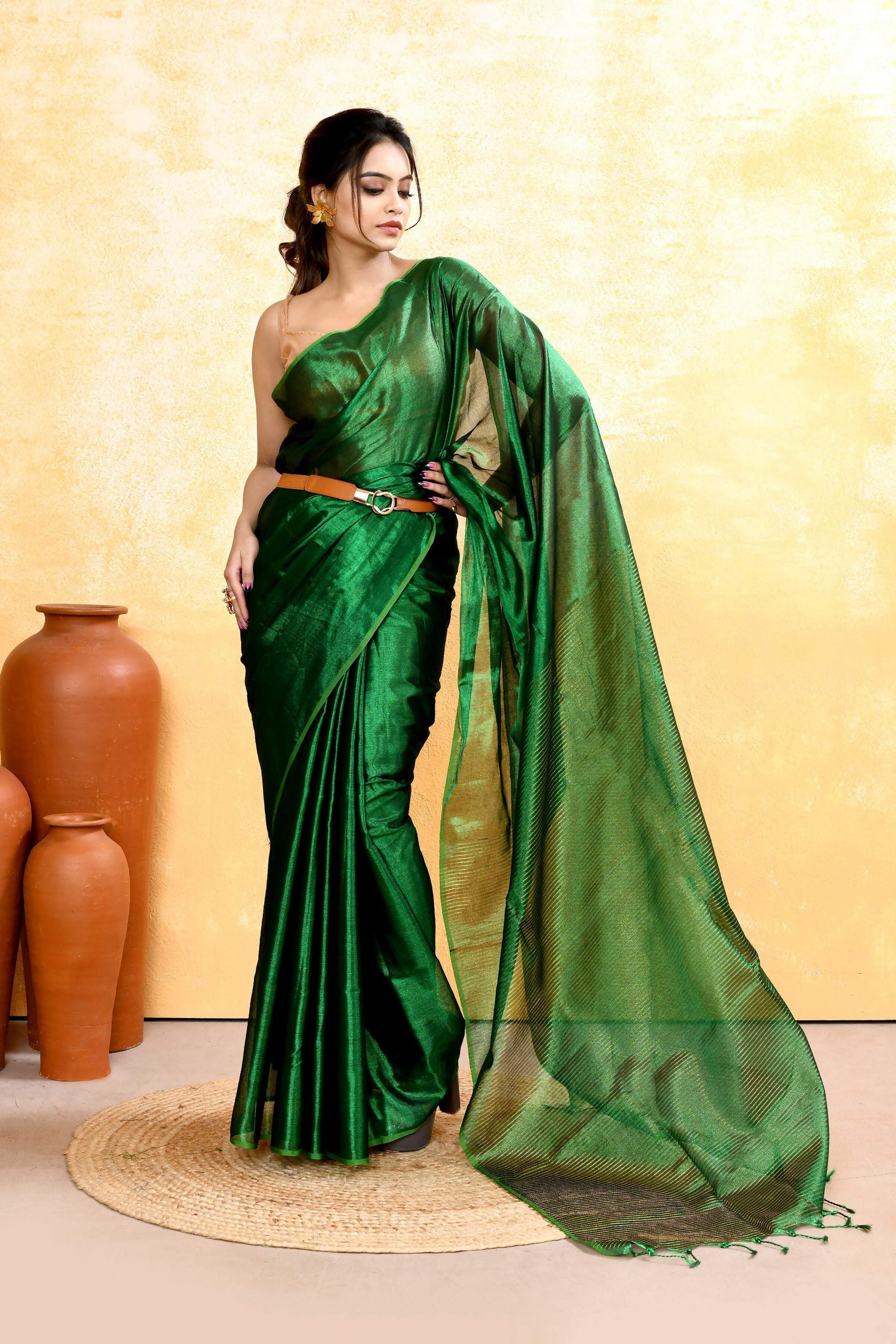 Piyari Fashion Women's Green Dual Tone Organic Tissue Saree With Blouse Piece