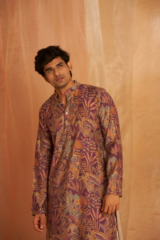 Purple Modal Silk Designer Printed Men's Kurta Set - Mahotsav