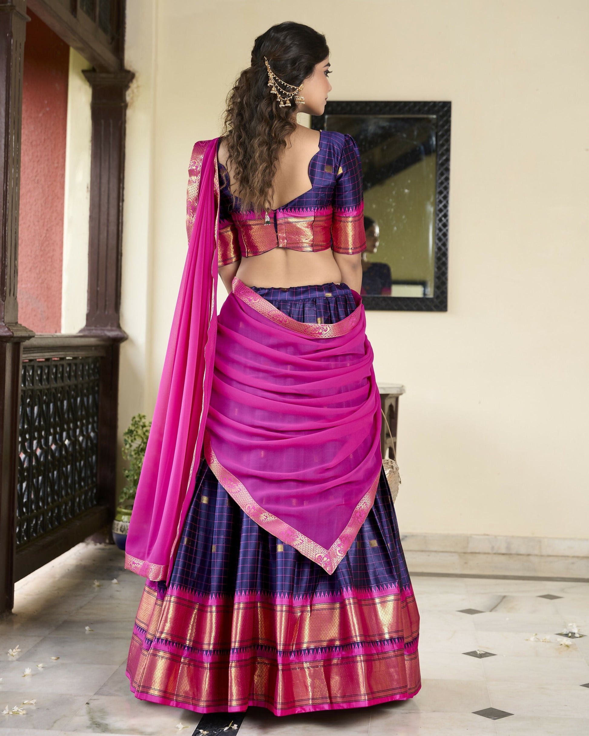 Lorenvalley Navyblue Cotton Silk Weaving Work With Paithani Concept Lehenga Choli 