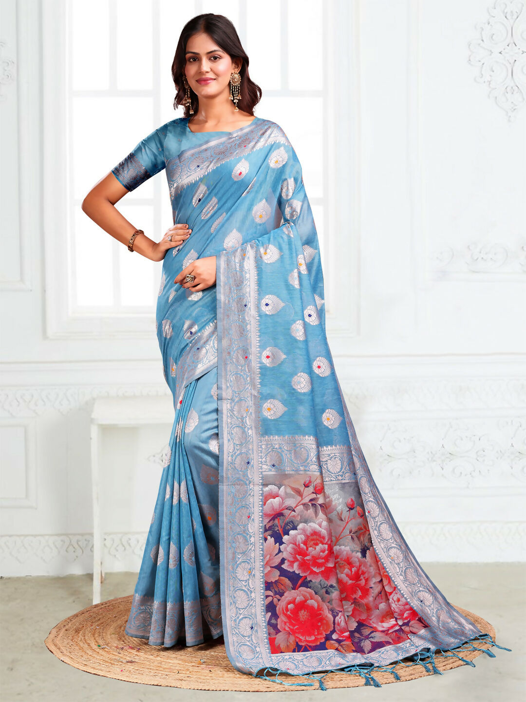 Shree Shyam Fashion Linen Cotton Sky Blue Saree