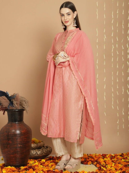 Aastha Fashion Women's Peach Chanderi Silk Elegant Jardoshi Semi Kurta with Trouser & Dupatta - Grab2buy