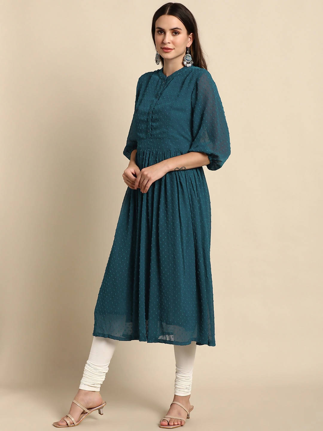 Janasya Women Teal Dobby Weave Kurta