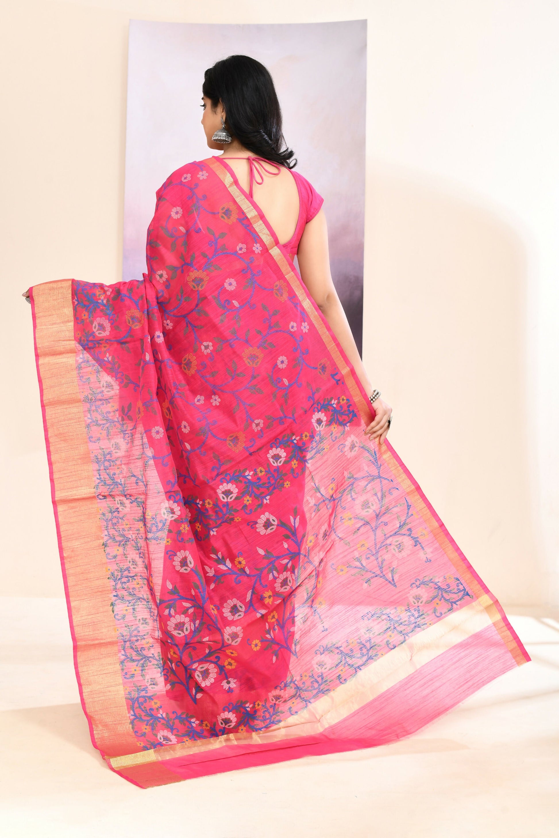 Piyari Fashion Women's Pink Embellished Cotton Blend Printed Saree