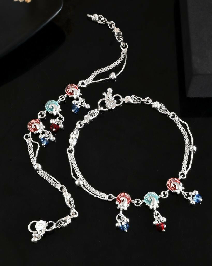 VOJ Set of 2 Silver Plated Peacock Shaped Multi Color Anklet 