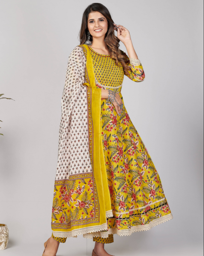 NOZ2TOZ Women's Yellow Anarkali Kurta & Pant With Dupatta Set- (3pcs Set) 