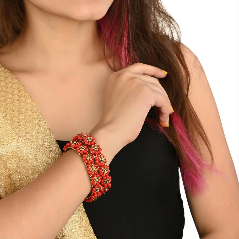 Afast Designer Fancy Party Bangle/ Kada Set, Red, Metal, Pack Of 2 