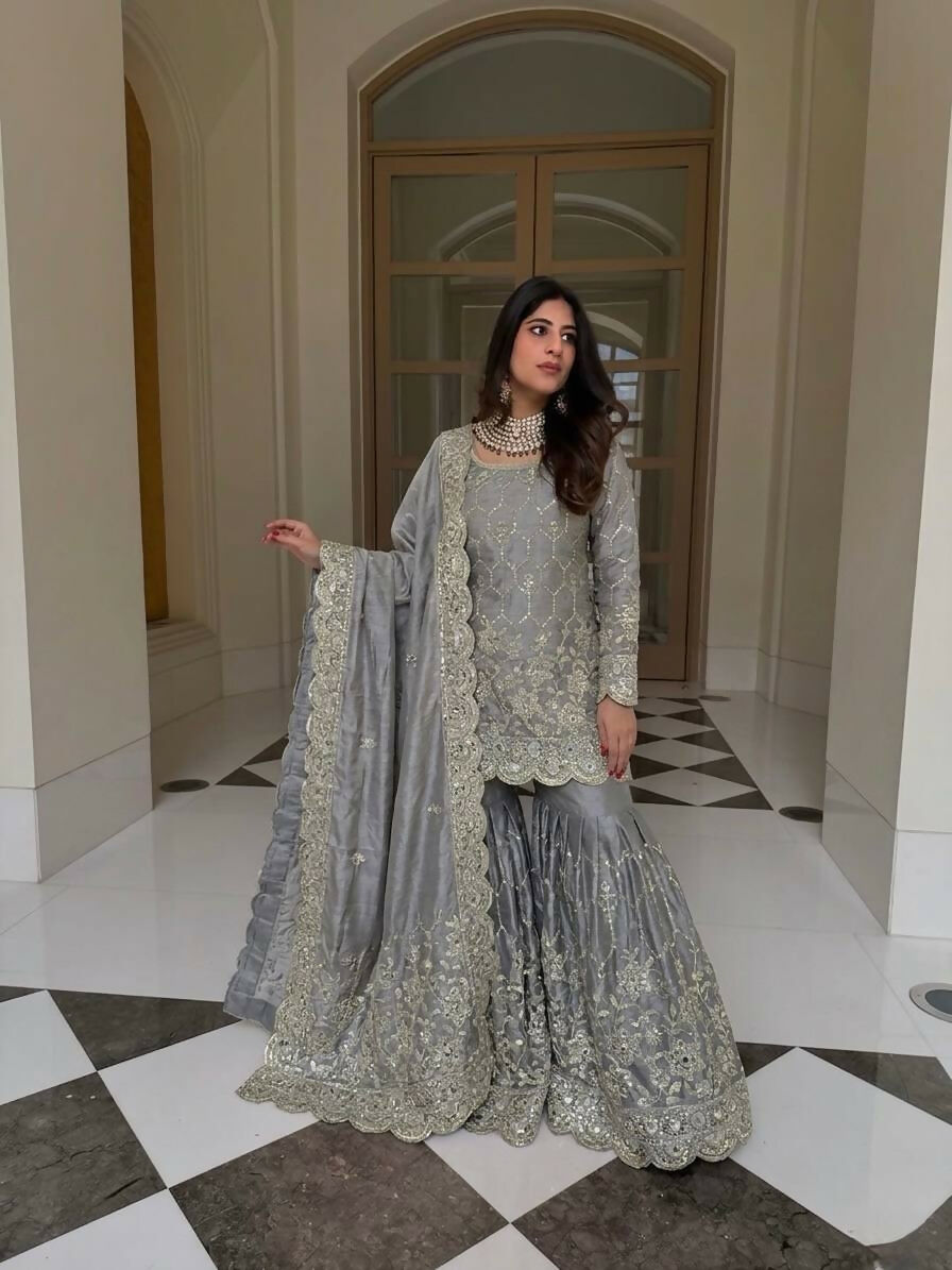 Teeya Creation New Trendy Latest Designer Embroidery Sharara Kurta Set -Grey