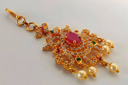 Multicolor AD Ruby Short Length Maang Tikka - Grab2buy