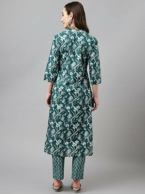 FIORRA Women's Teal Green Cotton A-Line Kurta Set 
