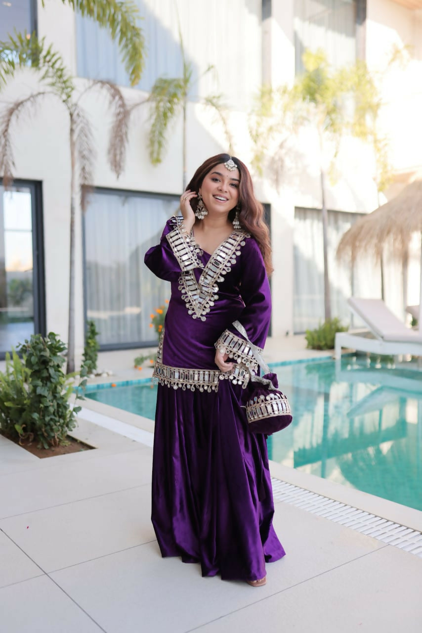 Joban Fashion Purple Velvet Embroidery Sequence Work Readymade Kurta Set