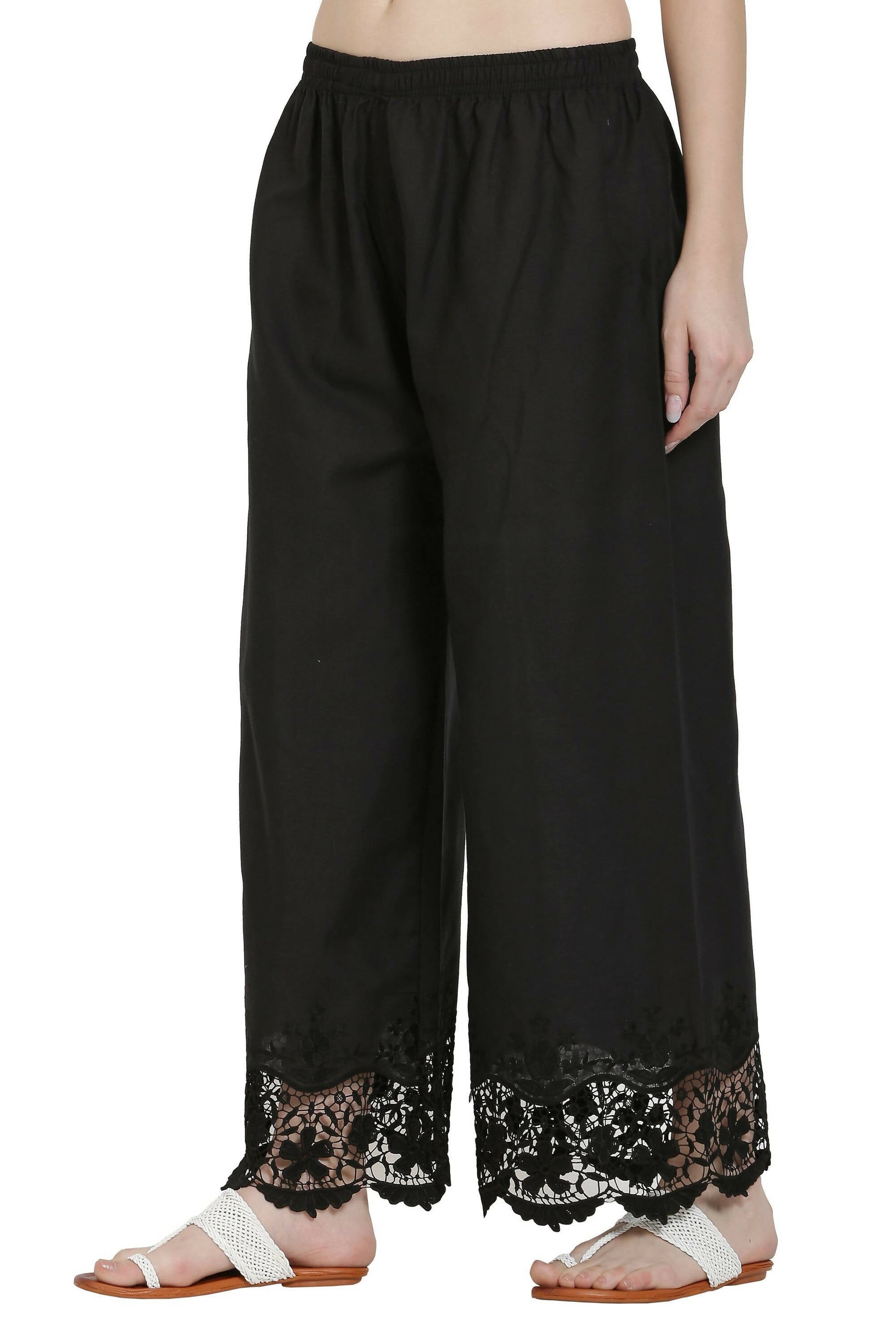 PAVONINE Black Color Chikankari Lace Scalloped Hem Cotton Fabric Sharara