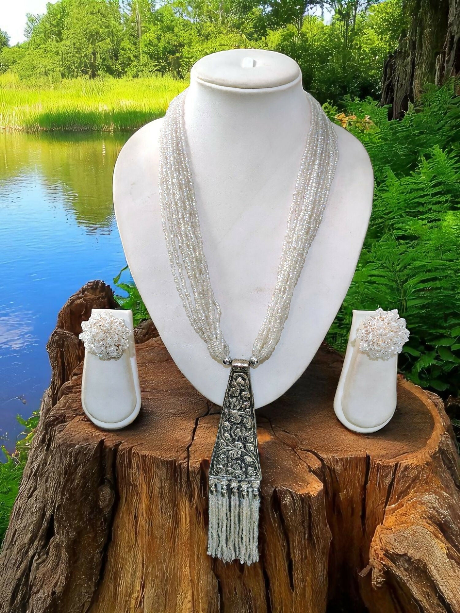 Inhanns Day-To-Dinner Tie Shaped Oxidized Black Metal Multi-Layered Long Only Necklace - White
