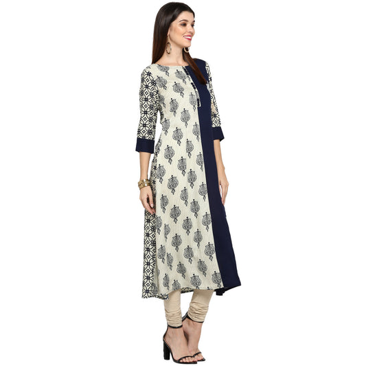NOZ2TOZ Women's Blue & White Rayon Straight Kurta- (1pc set)