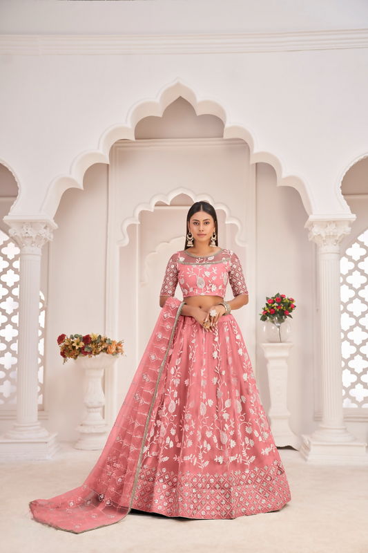 Eilara Women'S Peach Butterfly Net White Cotton Thread And Zari Sequence Embroidered Work Lehenga Choli For Party Wear