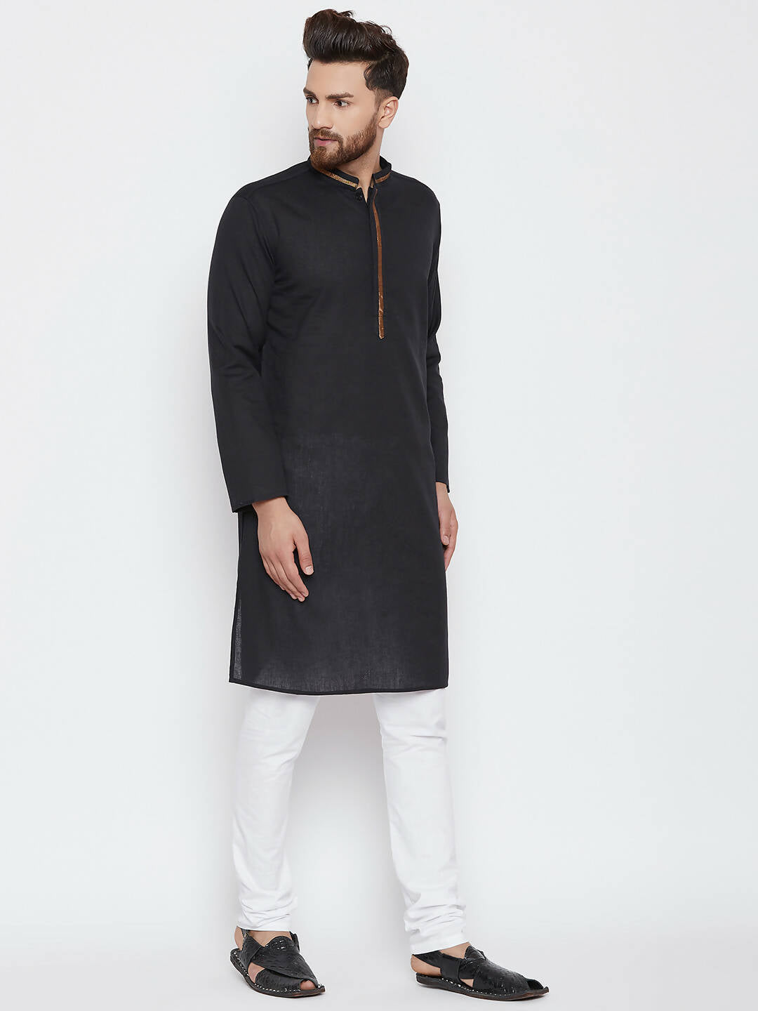 Even Apparels Black Color Pure Cotton Men's Kurta With Band Collar 