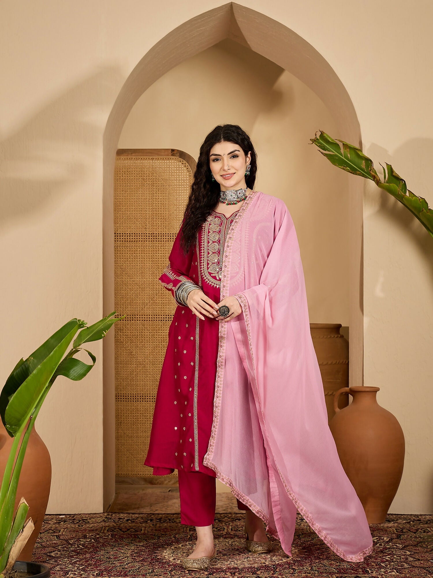 Joban Fashion Embroidery Red Vichitra Silk Kurta Set