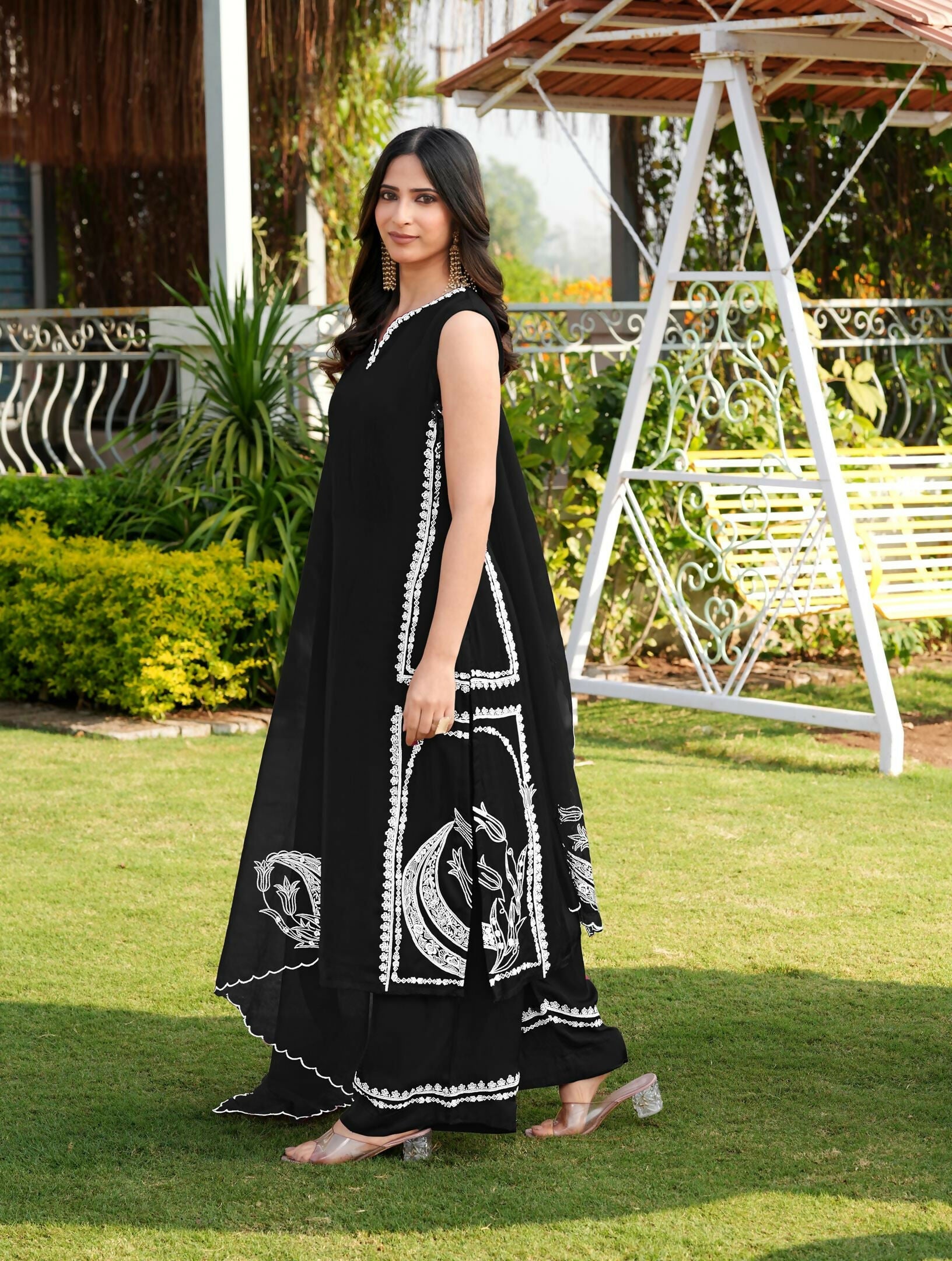 Nikhaar Black Embroidered Modal Silk Stitched Straight Cut Kurta Culottes Dupatta Readymade Suit
