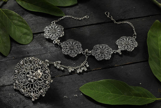 Mominos Fashion Kamal Johar Oxidised Silver-Plated Floral Bracelet 