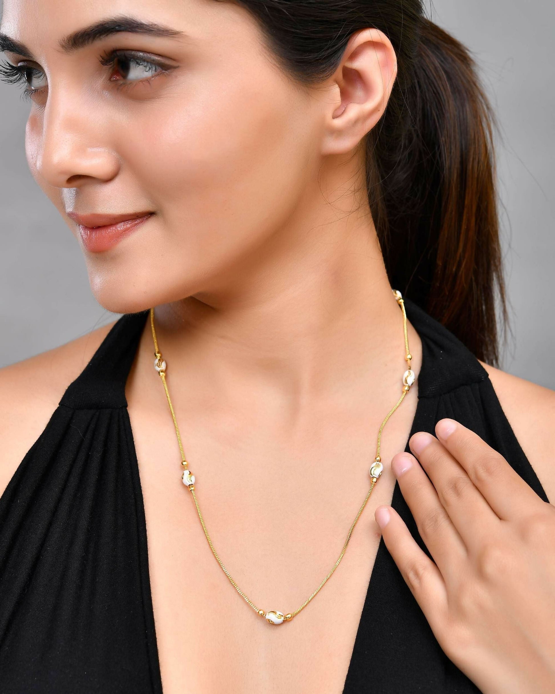 VOJ Gold-Polished Chain with White Hand Crafted Beads 