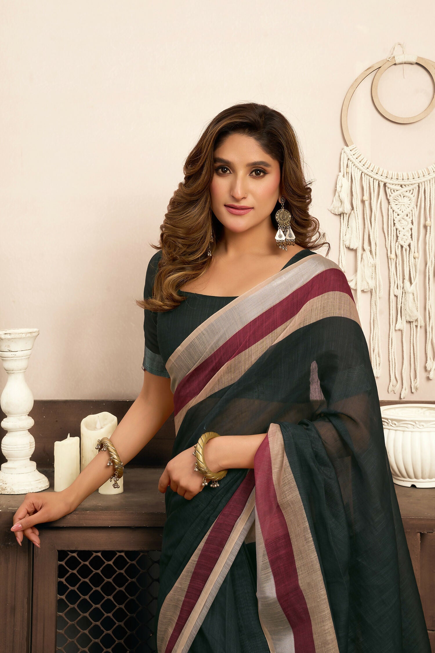 Joban Fashion  Black Solid Linen Ready To Wear Saree With Unstitched Blouse