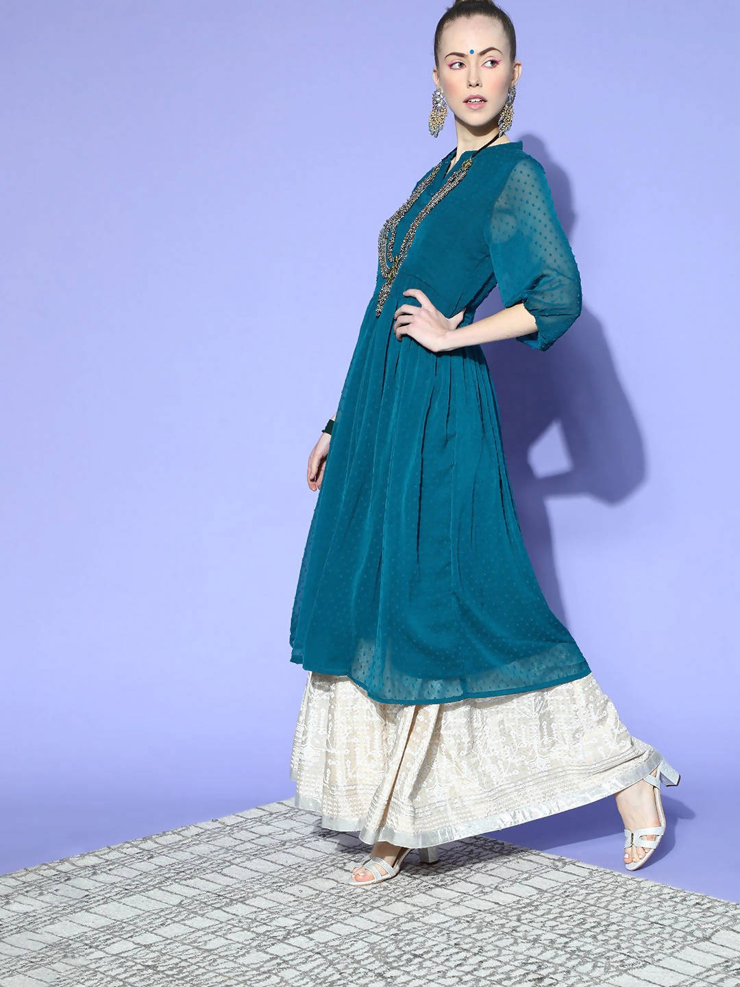 Janasya Women Teal Woven Design Dobby Weave Kurta
