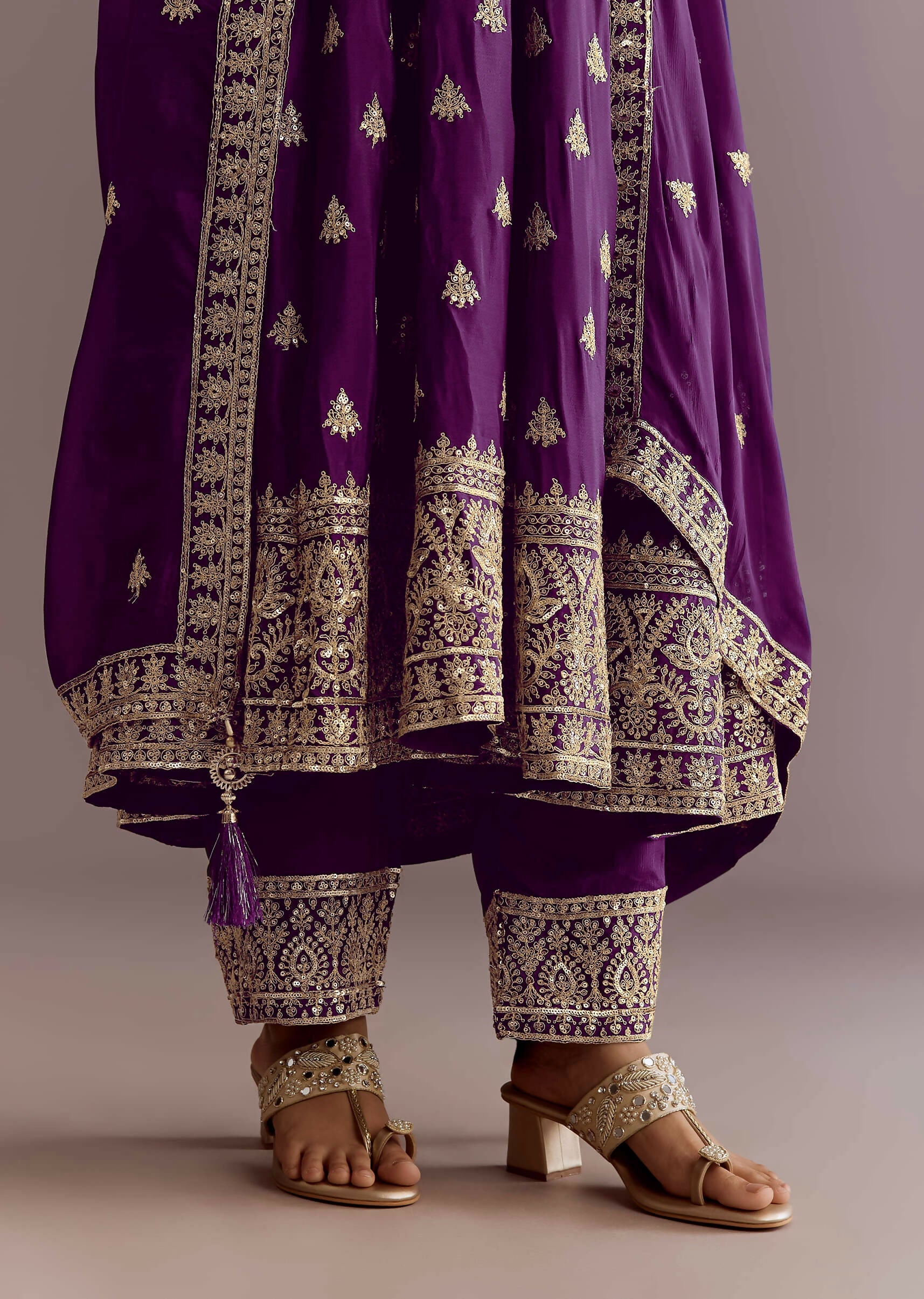 Teeya Creation Wine Color Chinon Silk Embroidery Work Wedding Wear Gown