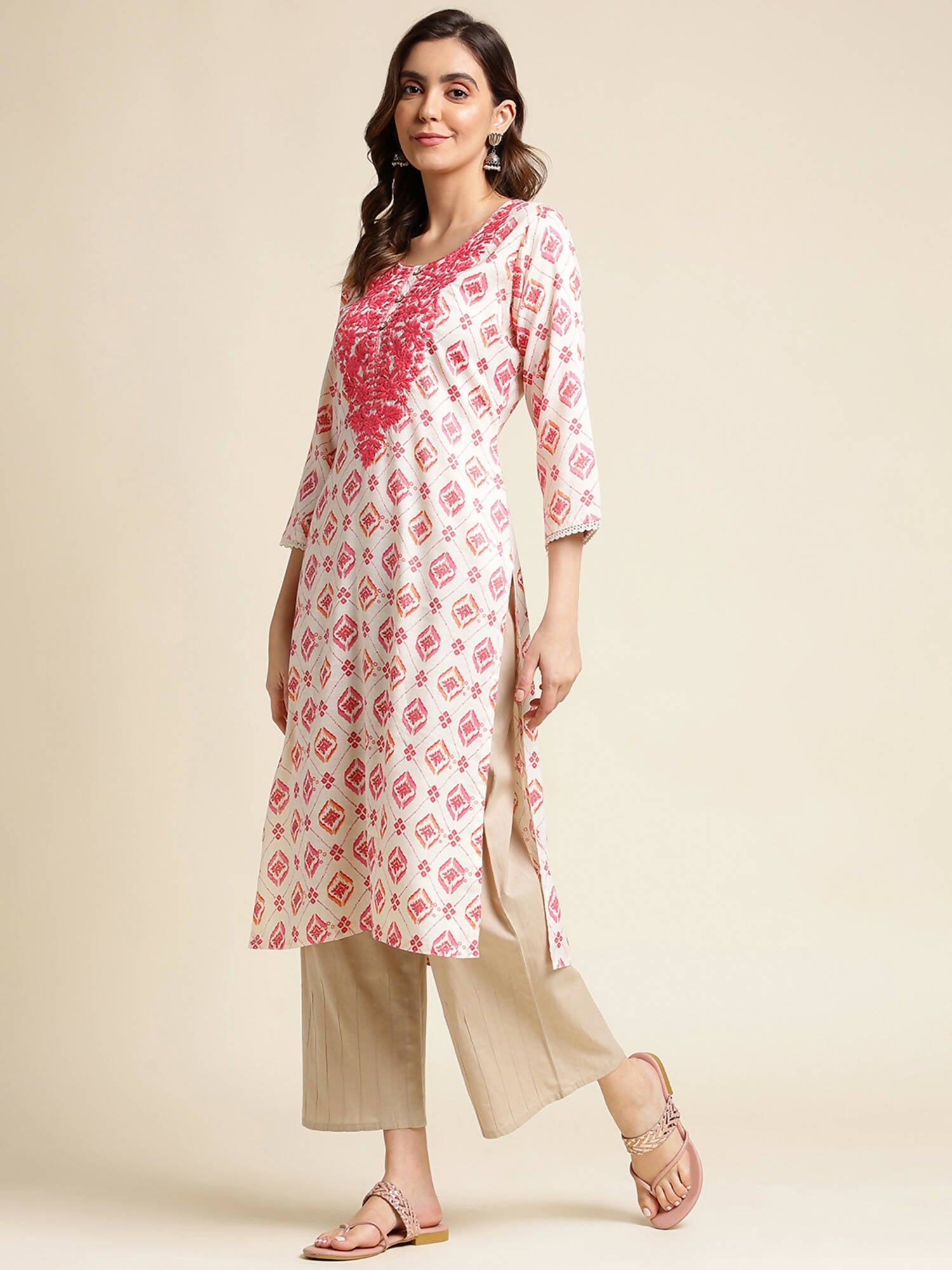 Pink Poly Rayon Aztec Printed Straight Fit Kurta - Prasuti