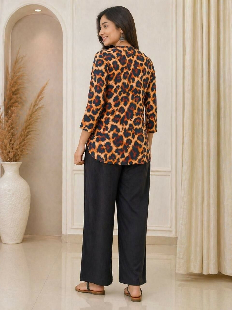 Teeya Creation Women New Latest Animal Print Crepe Top with Palazzo Set