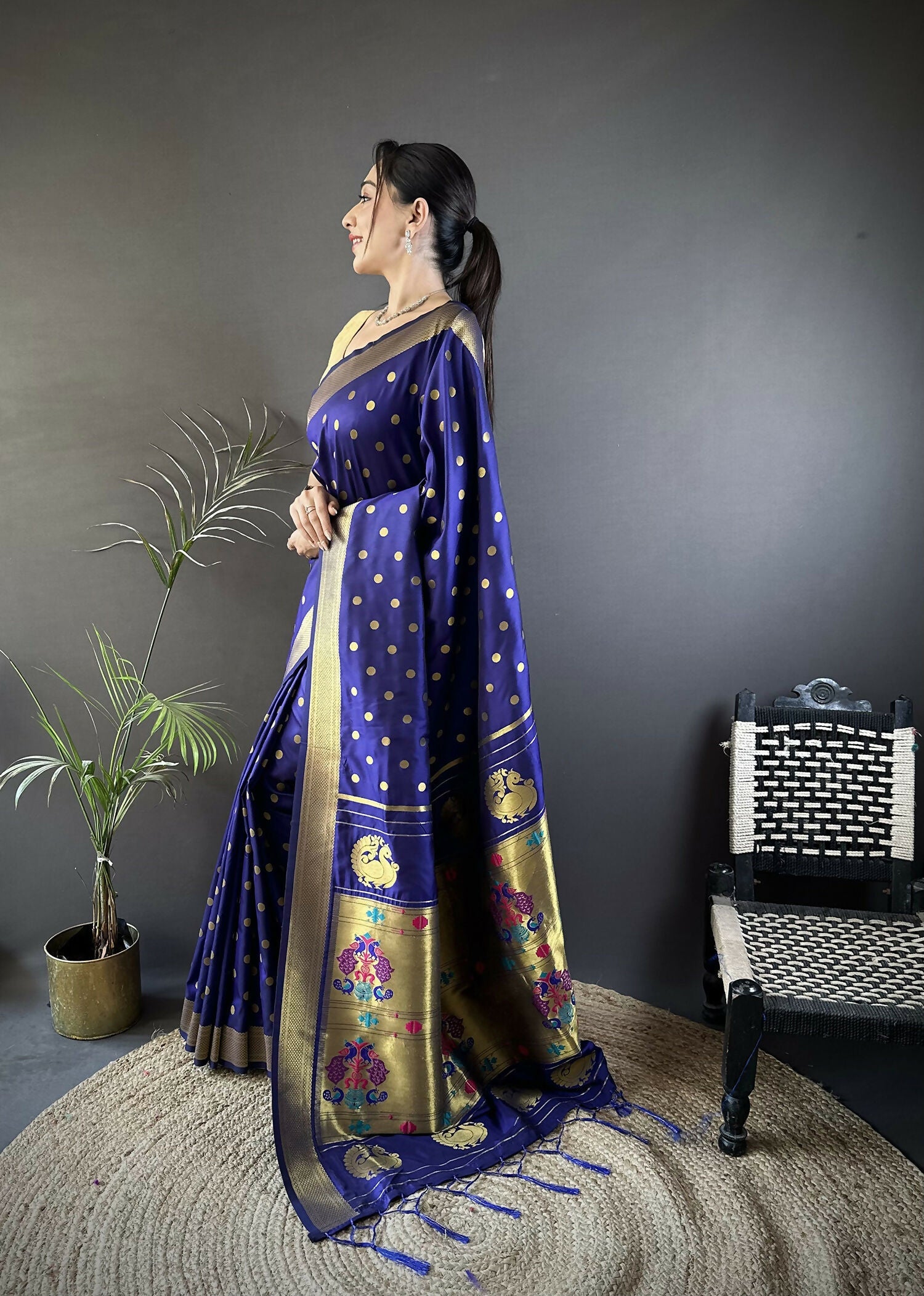 Joban Fashion Royal Blue Polka Dot Lichi Silk Paithani Silk Saree