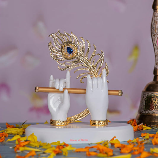 House Of Wemy Gold-Polished Melody Krishna Hands Idol with Flute and Peacock Feather - White 