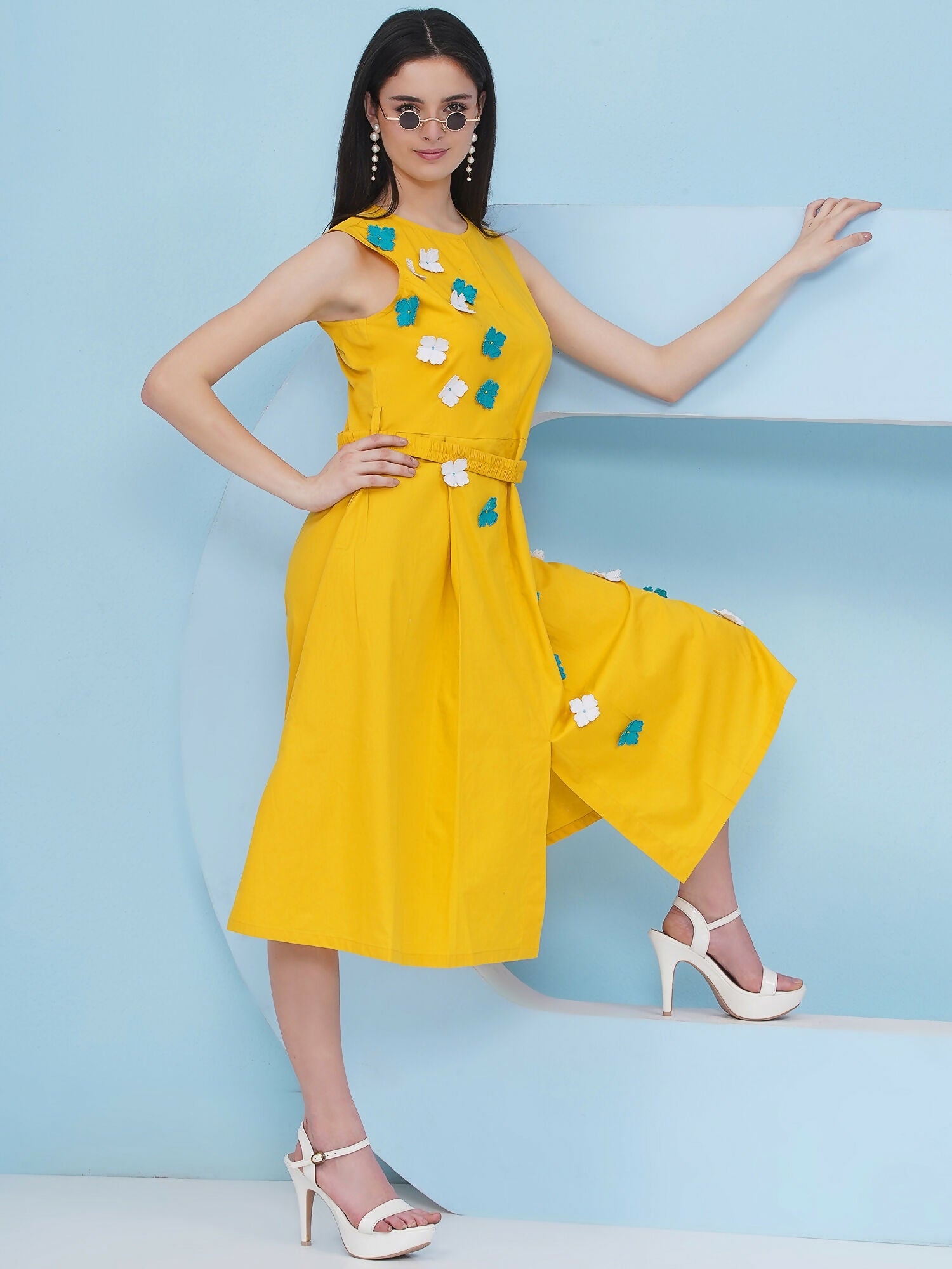 Joban Fashion Yellow Dress with 3D Flower Embroidery and Belt