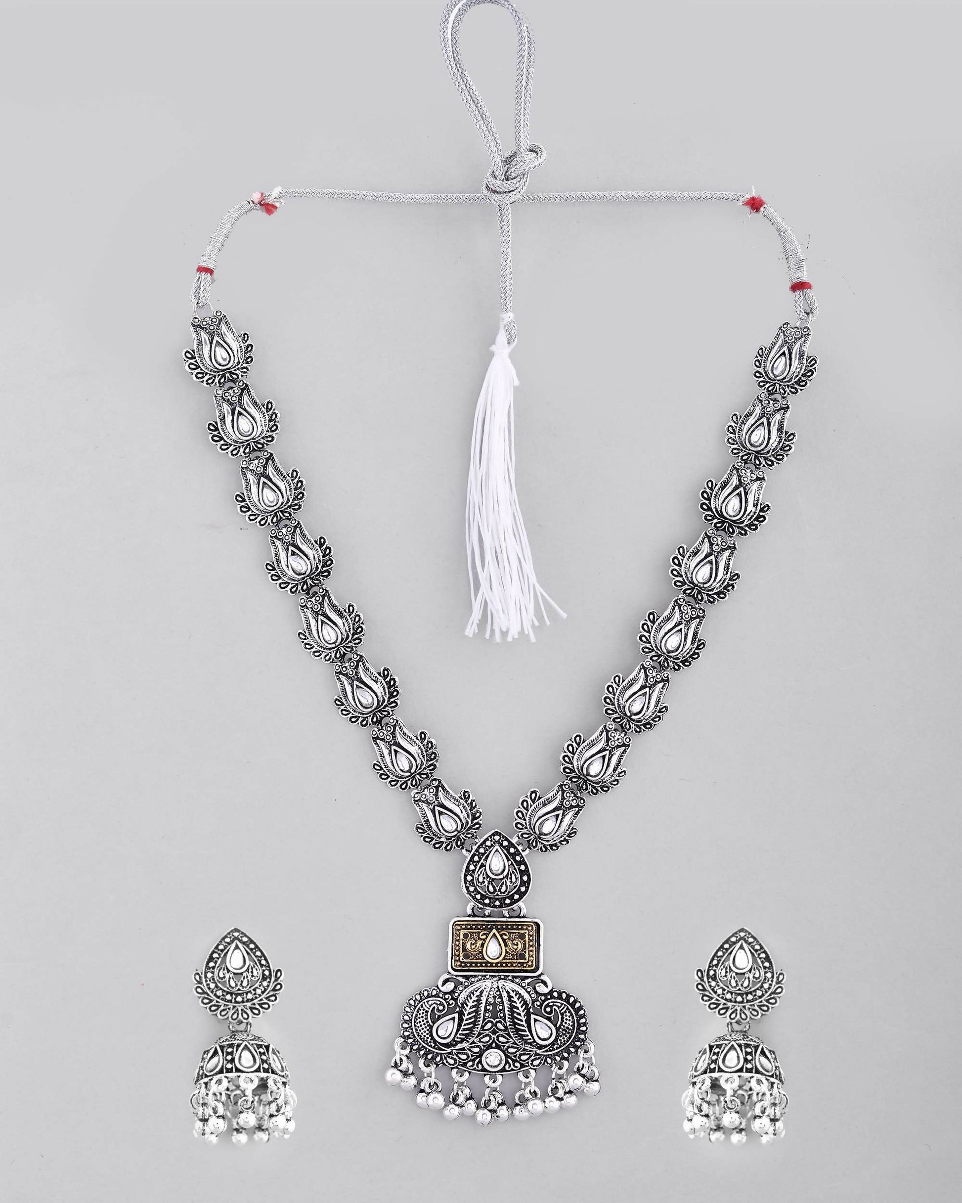 VOJ Dual Toned Oxidized Necklace With Earrings Set
