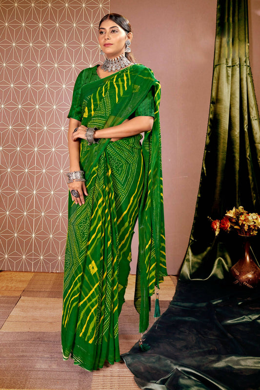 Green Chiffon Leheriya Printed Saree With Unstitched Blouse Piece - Shanaya