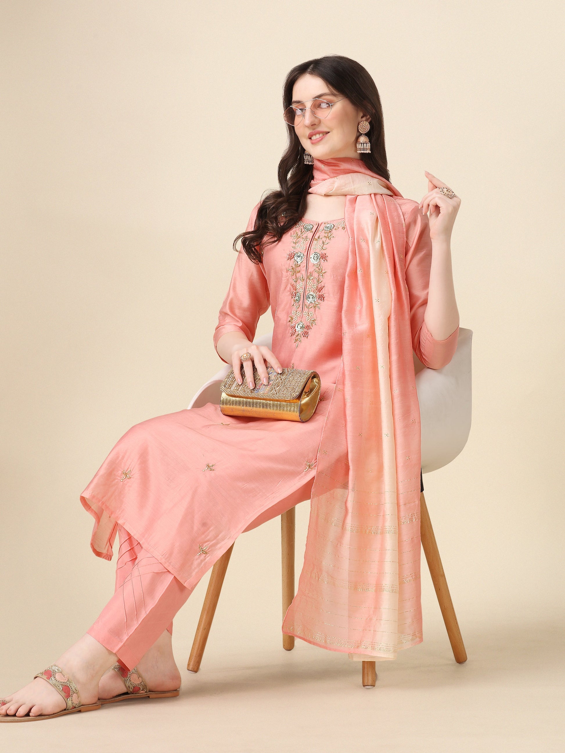 Embroidered Kurta With Pant & Dupatta Set, Multicolor - Hiral Fashion