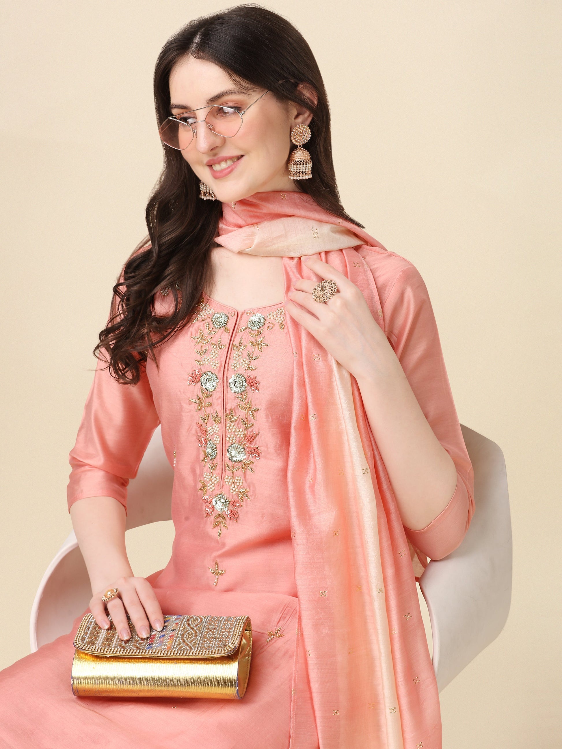Embroidered Kurta With Pant & Dupatta Set, Multicolor - Hiral Fashion