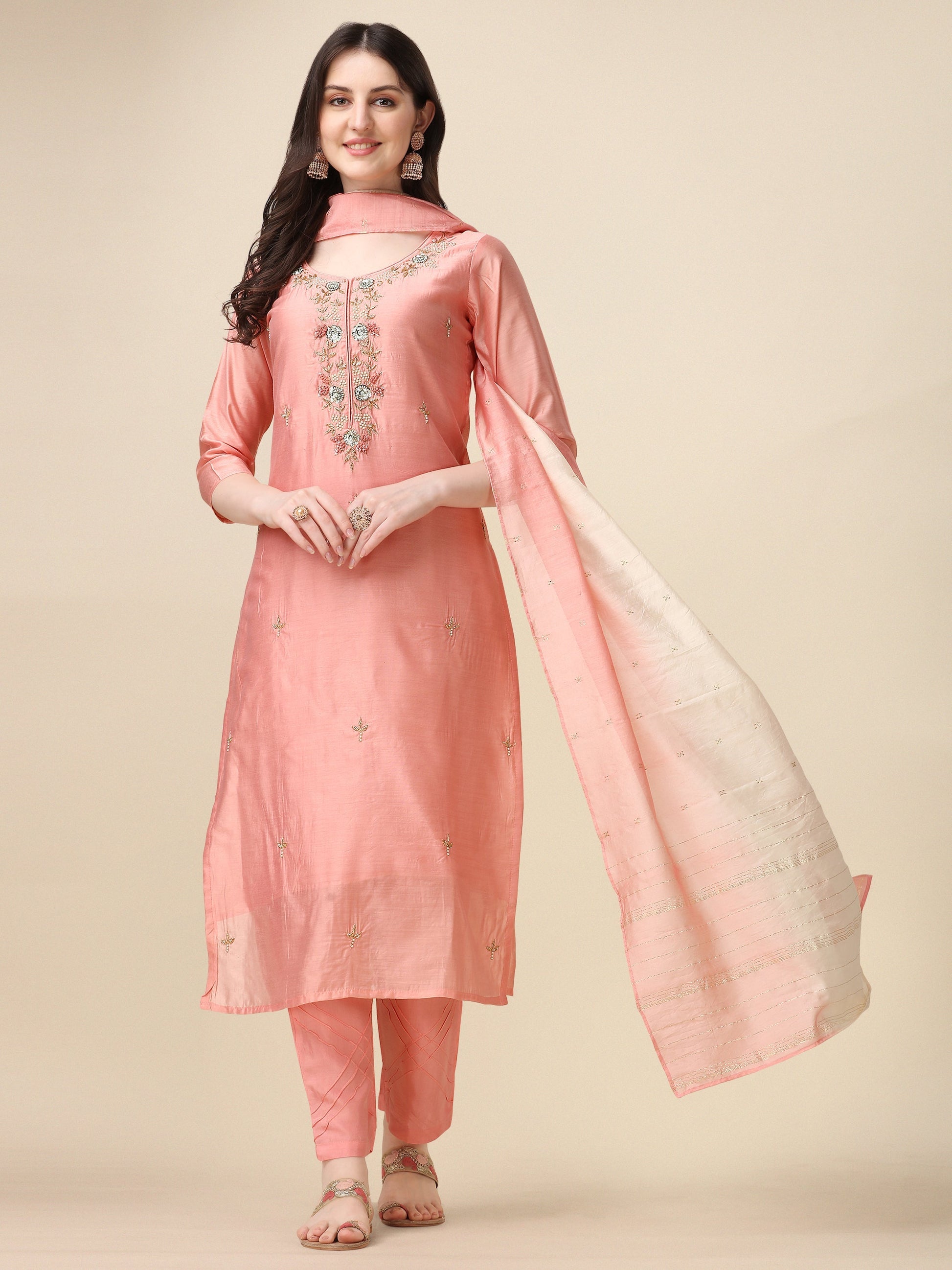 Embroidered Kurta With Pant & Dupatta Set, Multicolor - Hiral Fashion