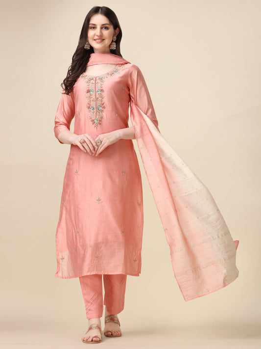 Embroidered Kurta With Pant & Dupatta Set, Multicolor - Hiral Fashion