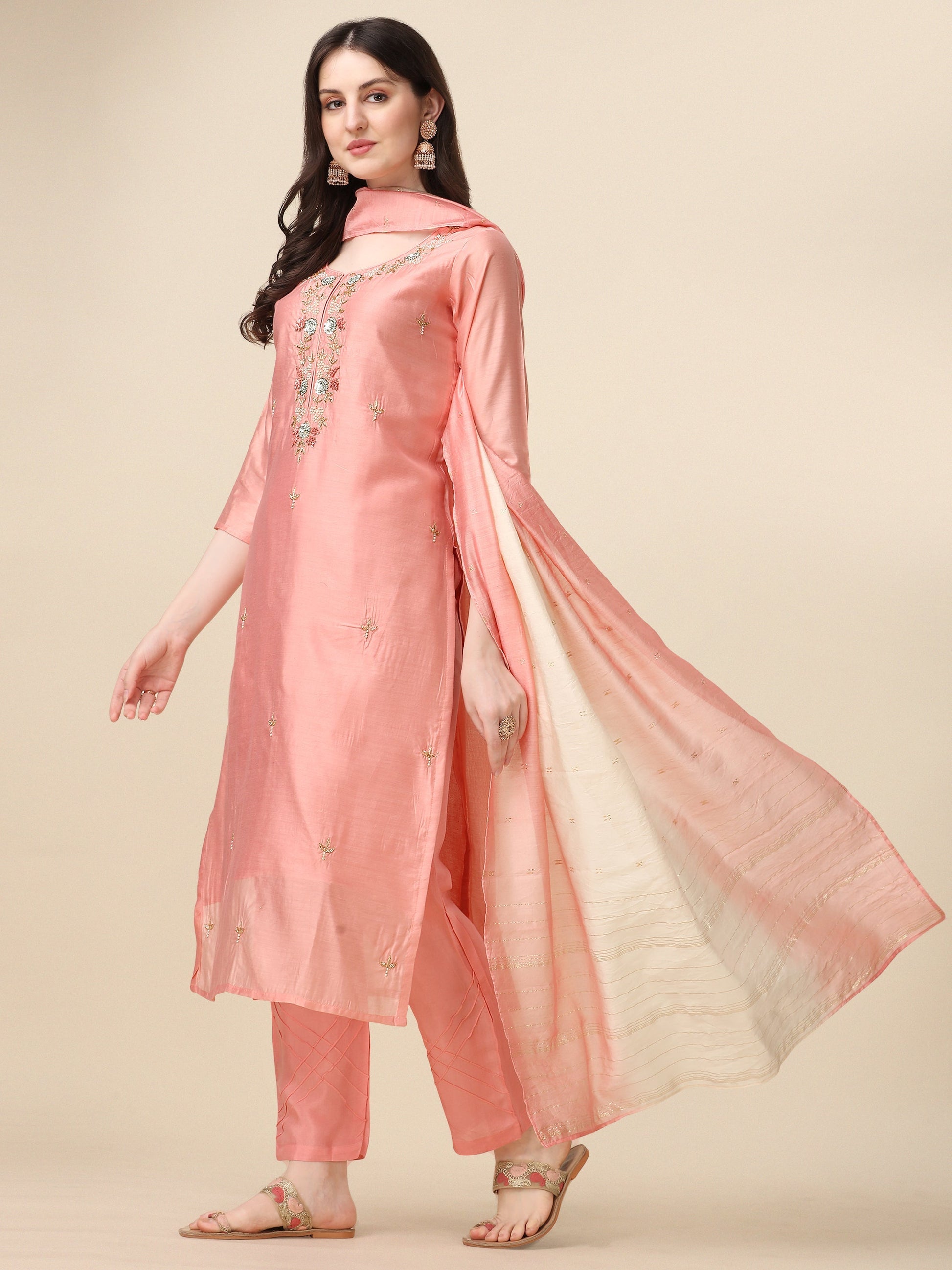 Embroidered Kurta With Pant & Dupatta Set, Multicolor - Hiral Fashion