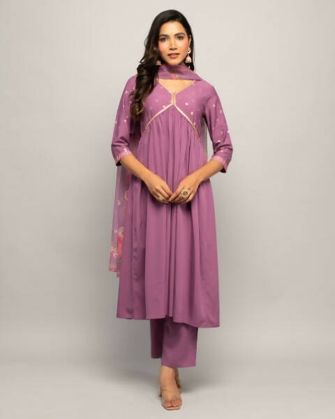 FIORRA Women's Lavender Creap A-Line Kurta Pant With Dupatta 