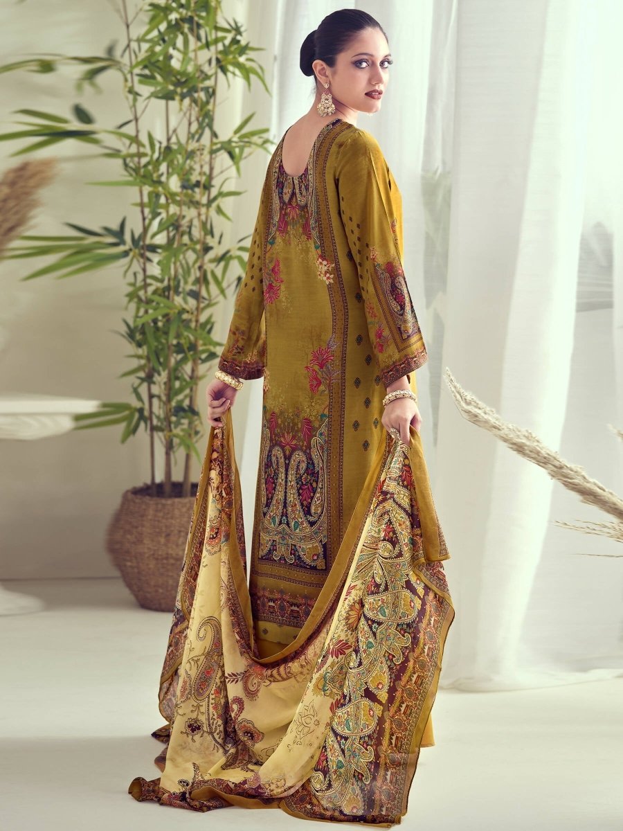 Aastha Fashion Women's Mustard Muslin Floral Digital Print with Resham Thread work Kurta with Trouser & Dupatta - Grab2buy