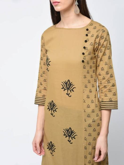 Aniyah Cotton Block Printed Beige Color Front Slit Kurta (AN-117K)