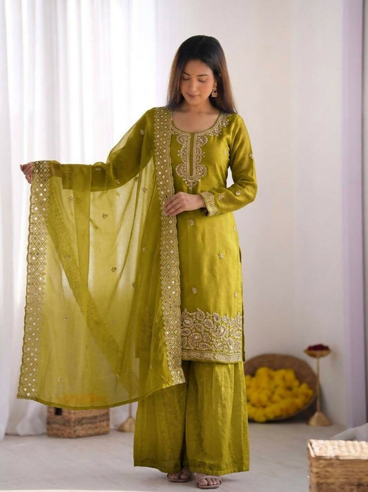 Teeya Creation Womens New Trendy Stylish Embroidery Beads Work Palazzo Kurta Set -Olive