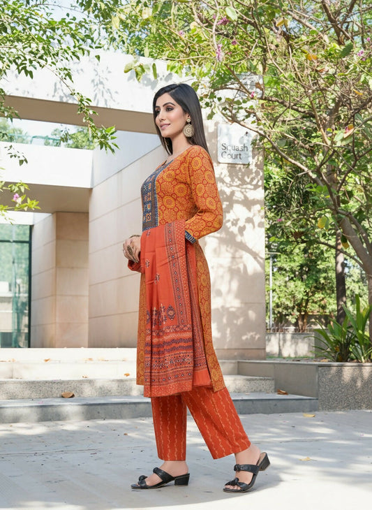 BulBul Aaliya Rust Cotton Kurta Set with Dupatta 
