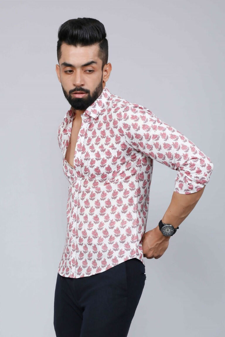 Miravan Men's White & Pink Spread Collar Floral Print Shirt 