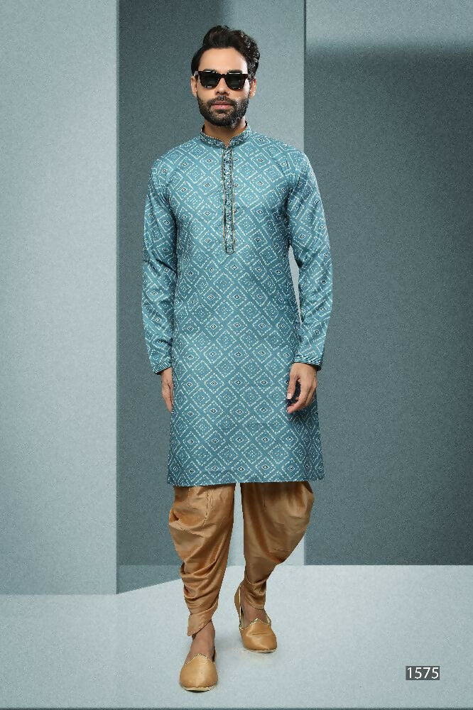 Raivat Ethnic Cotton Digital Print Mirror Work Kurta Pajama In Sky Blue Colour